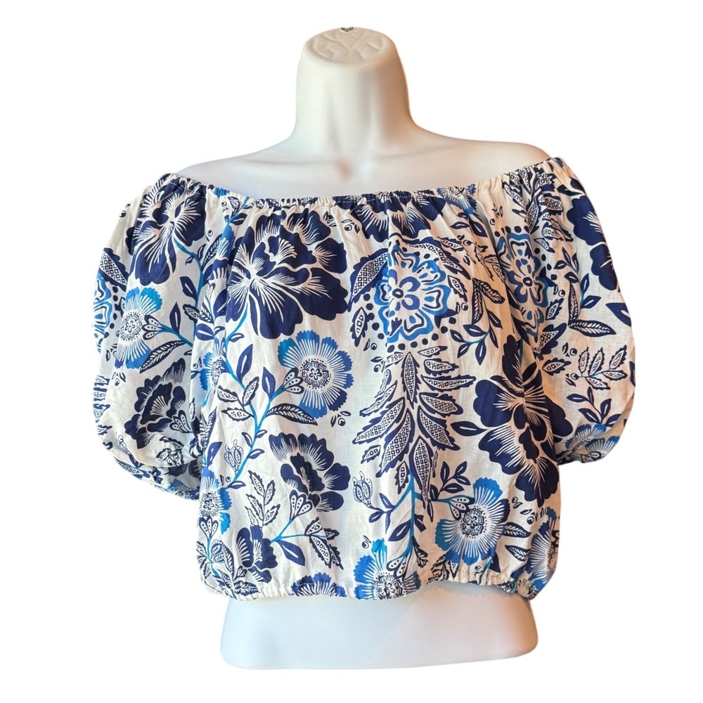 Rachel Zoe Floral Off Shoulder Crop Top Blue White Linen Blend Size Small NWT